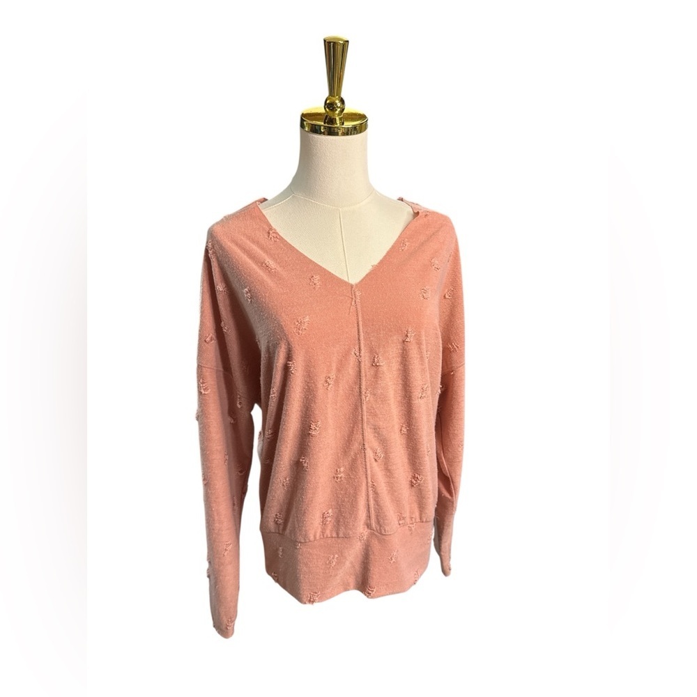 BKE Dusty Rose Pink V Neck Distressed Long Sleeve Top Size M